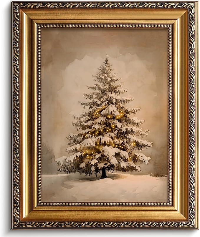 Christmas Tree Vintage Gold Frame Wall Art 9X12 INCH Antique Winter Trees Print Xmas Neutral Holi... | Amazon (US)