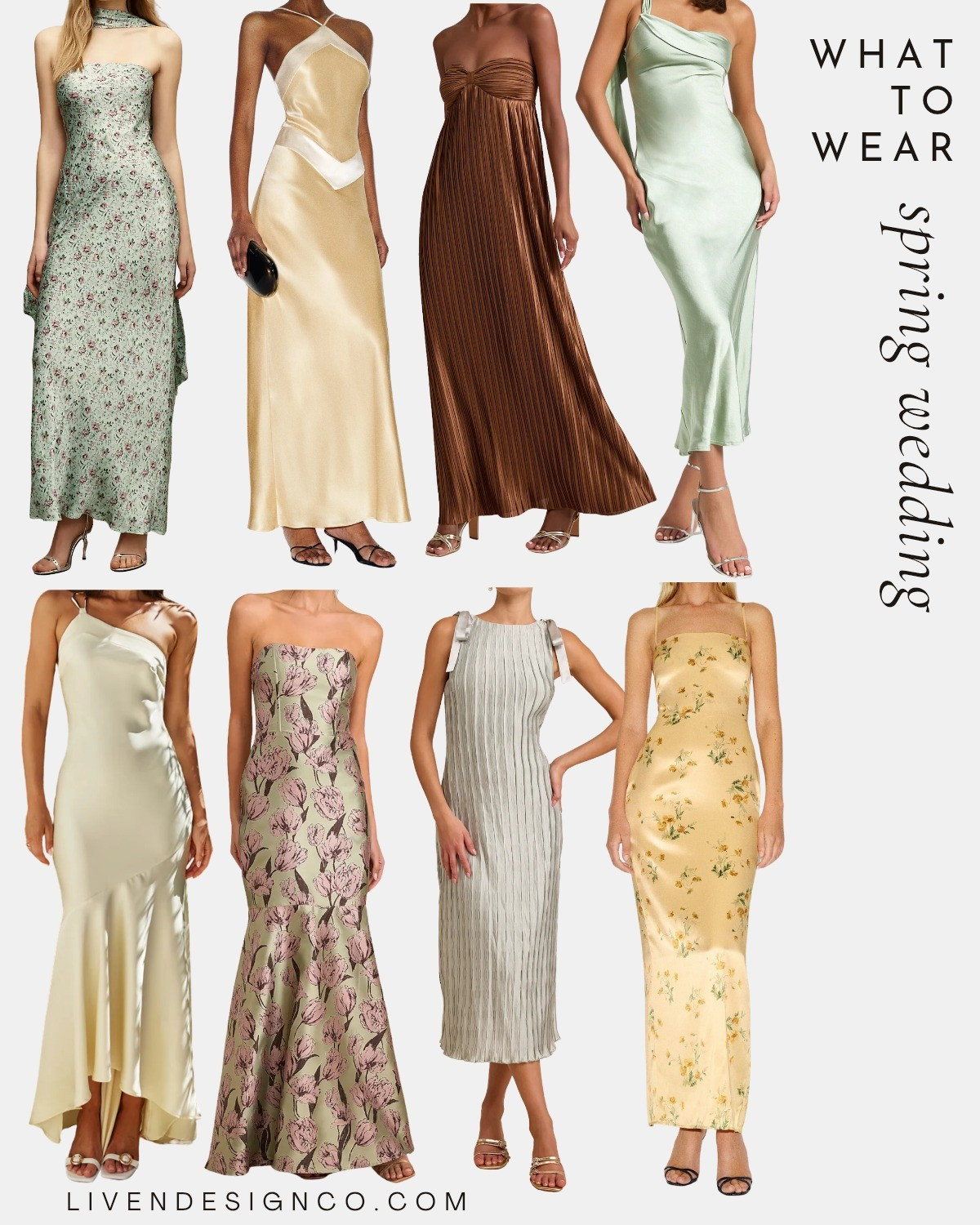 Spring wedding guest dress. Sage green dress. Yellow dress. Satin dress. one shoulder dress. Asymmetrical dress. Brown dress. Ruched dress. Floral dress. Evening dress. 

#LTKSaleAlert #LTKSeasonal #LTKWedding