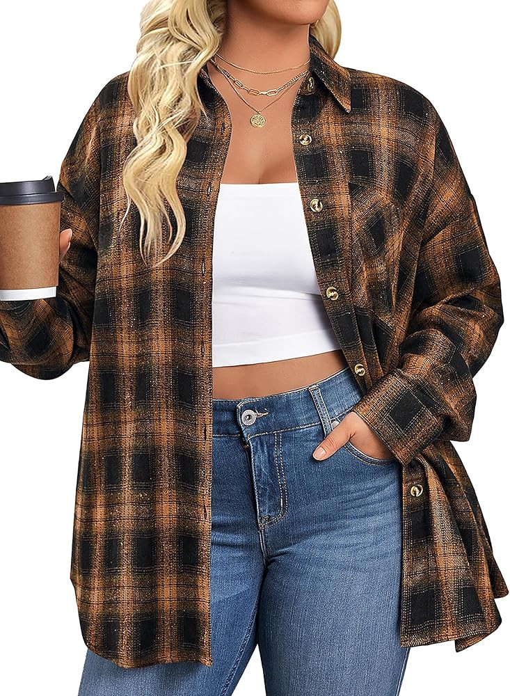 IN'VOLAND Womens Plus Size Flannel Plaid Shirts Long Sleeve Casual Collared Button Down Shirt Loo... | Amazon (US)