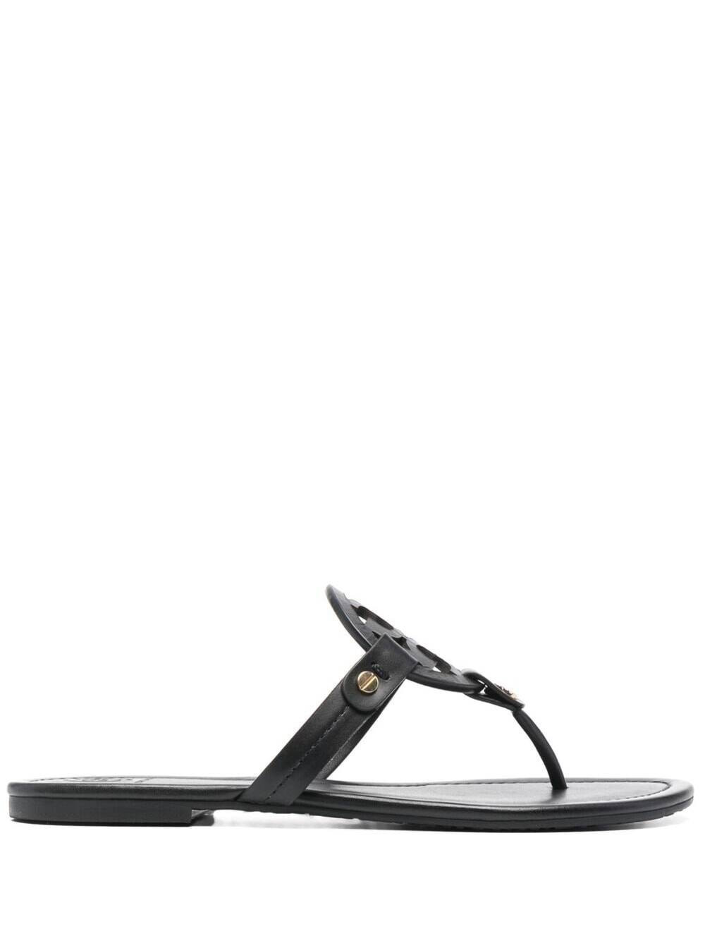 Tory Burch Womens Black Leather Miller Thong Sandal with Tone-on-Tone Logo Flat Shoes - Women | Italist.com US