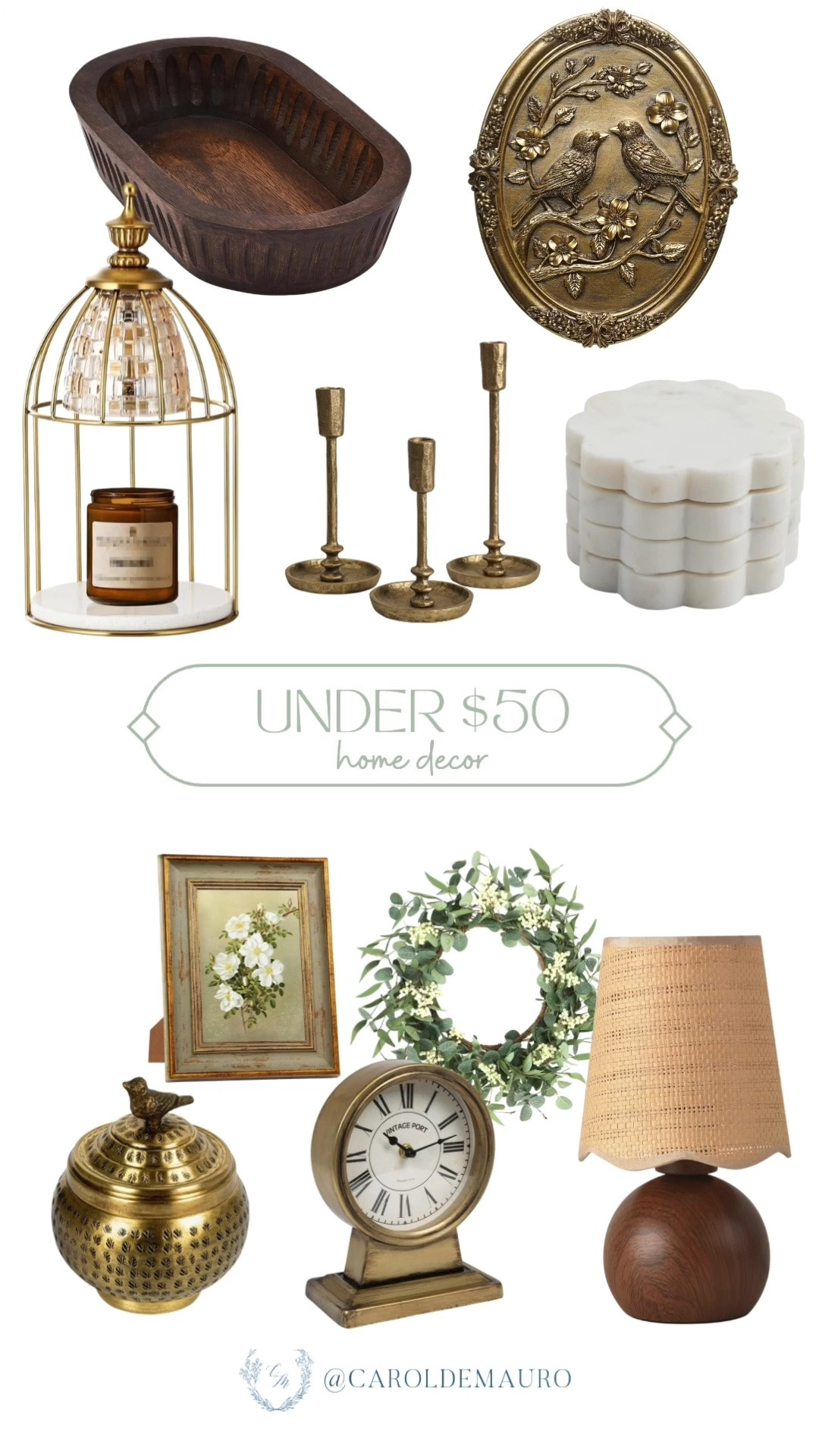 under $50, home decor, affordable finds, vintage style, taper candle holders, wall art, candle warmer, marble coasters, floral wreath, mantel clock, table lamp, wooden trinket tray

#LTKHome