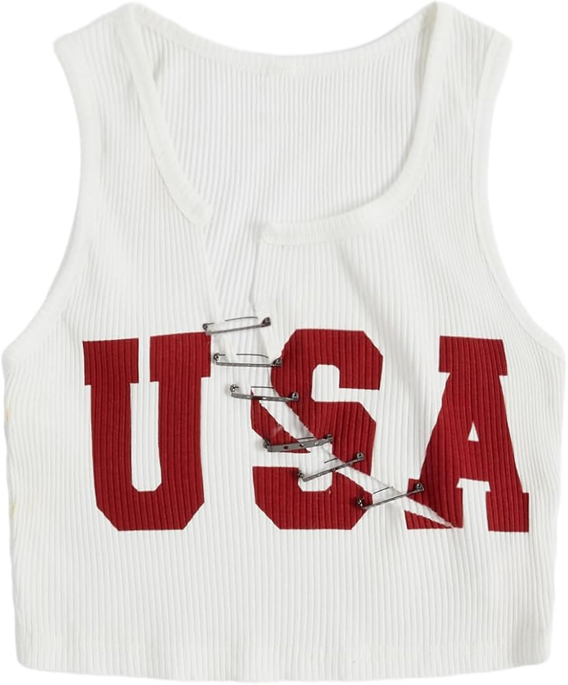 SweatyRocks Women's Sleeveless Letter Graphic Casual Ribbed Knit Pin Front Crop Tank Top | Amazon (US)