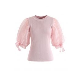 Organza Bubble Sleeves Knit Top in Pink | Chicwish