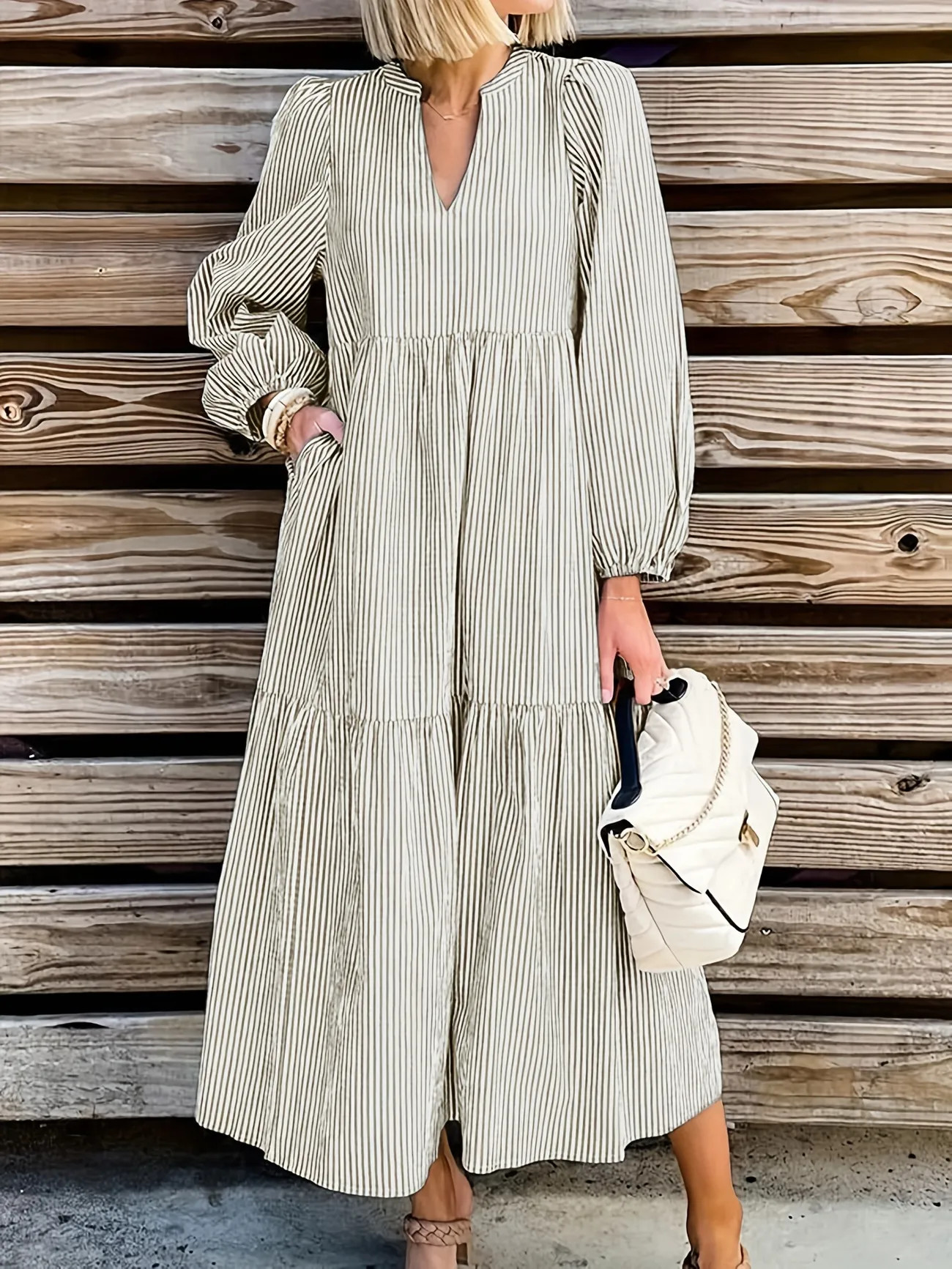 Stripe Print V Neck Tiered Dress, Casual Long Sleeve Dress For Spring & Fall, Women's Clothing | Temu Affiliate Program