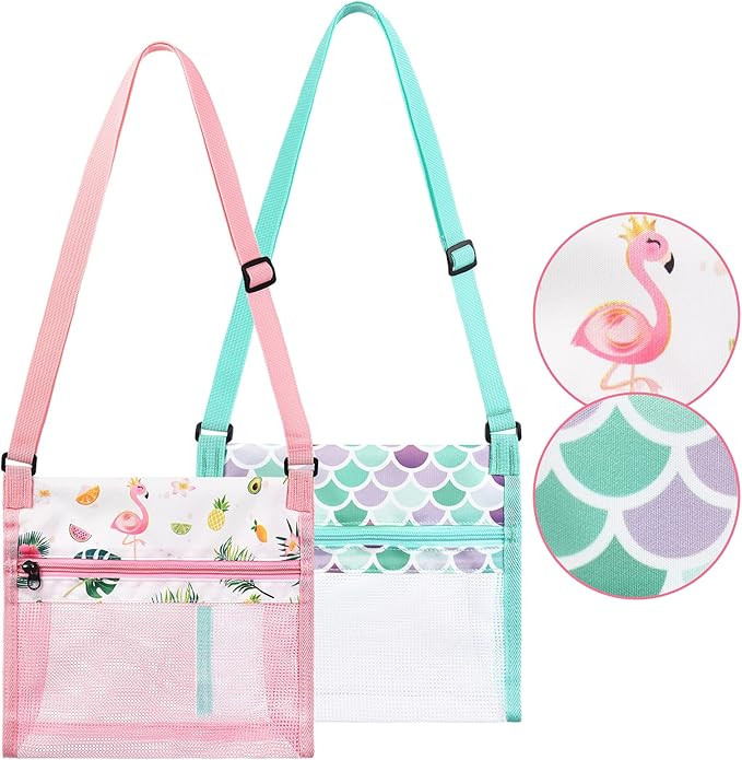 Seashell Beach Bags - 2 Packs 9.4” x 9.8” Shell Mesh Bags for Kids Girls Beach Toy Bags Sand ... | Amazon (US)