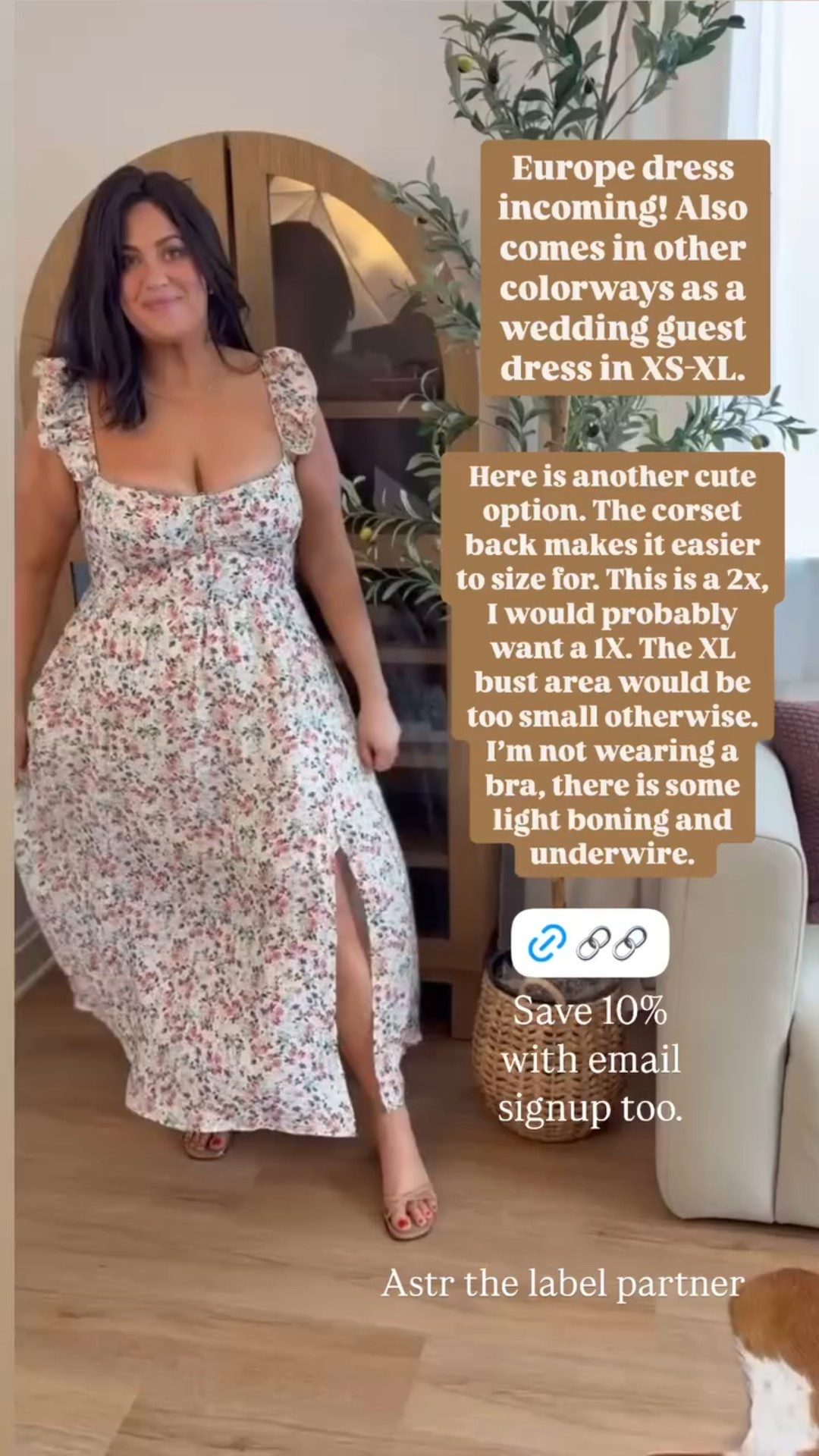 Astr the label partner Europe dress incoming! Also comes in other colorways as a wedding guest dress in XS-XL.  Here is another cute option. The corset back makes it easier to size for. This is a 2x, I would probably want a 1X. The XL bust area would be too small otherwise. I’m not wearing a bra, there is some light boning and underwire.  Save 10% with email signup too. 

 