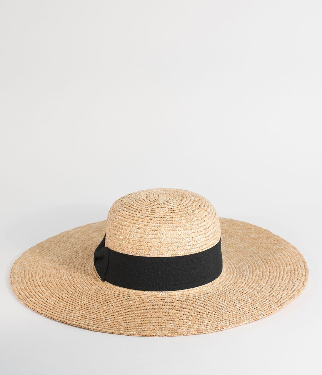 Vintage Style Tan Straw & Black Ribbon Sun Hat | UniqueVintage