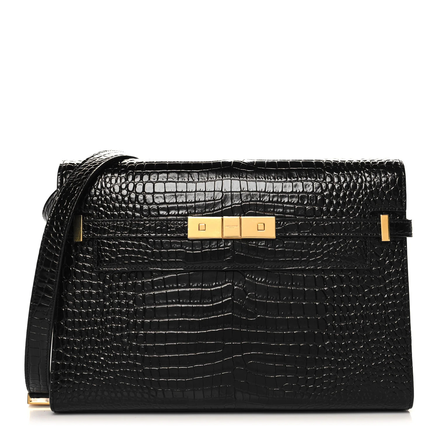 Saint Laurent Shiny Calfskin Crocodile Embossed Manhattan Baguette Black 1693564 | FASHIONPHILE (US)