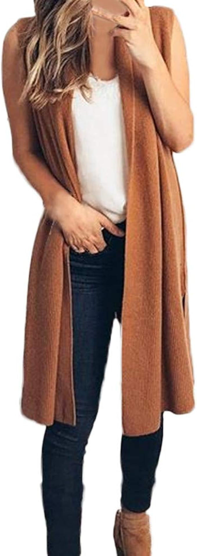 JOFOW Women's Cardigans,Solid Sleeveless Jacket Loose Cool Chic Kimono Lightweight Outwear Long T... | Amazon (US)