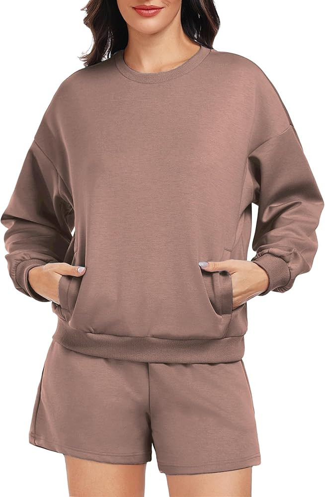 PINSPARK Two Piece Sets for Women 2024 Fall Outfits Sweatsuit 4 Pockets Sweat Short Sets Casual M... | Amazon (US)