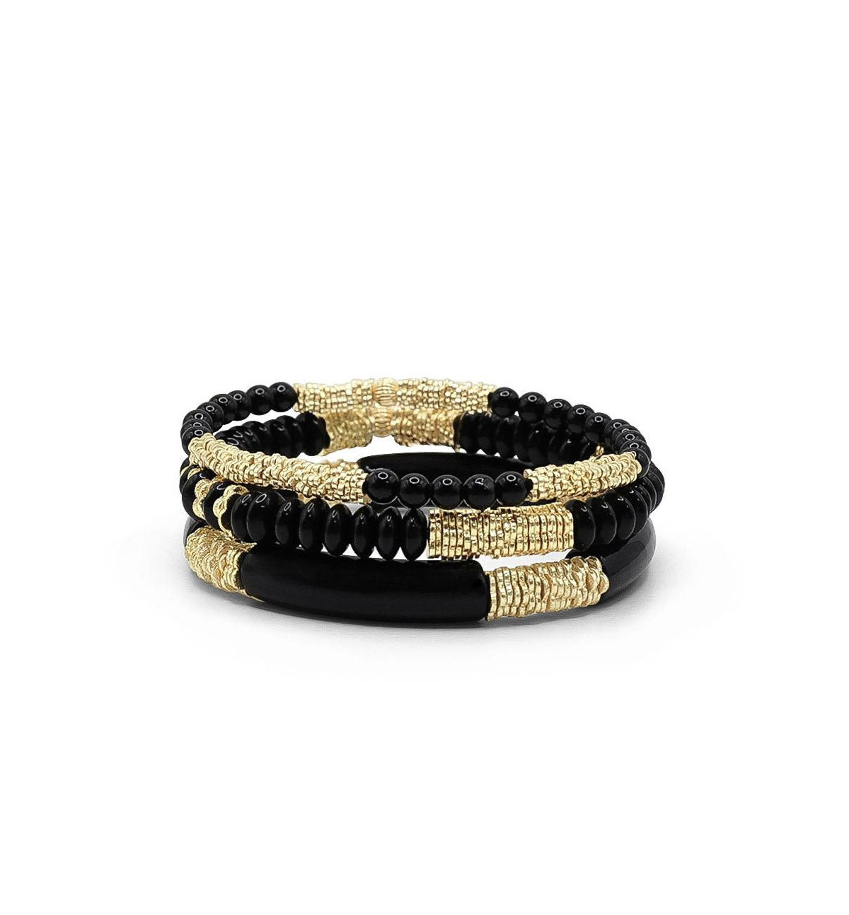 Black Beads and Gold Plated Textured Bead Bracelet Stack - Black gold | Macy's