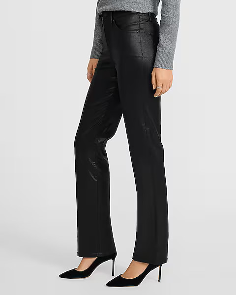 High Waisted Black Coated Straight Jeans | Express
