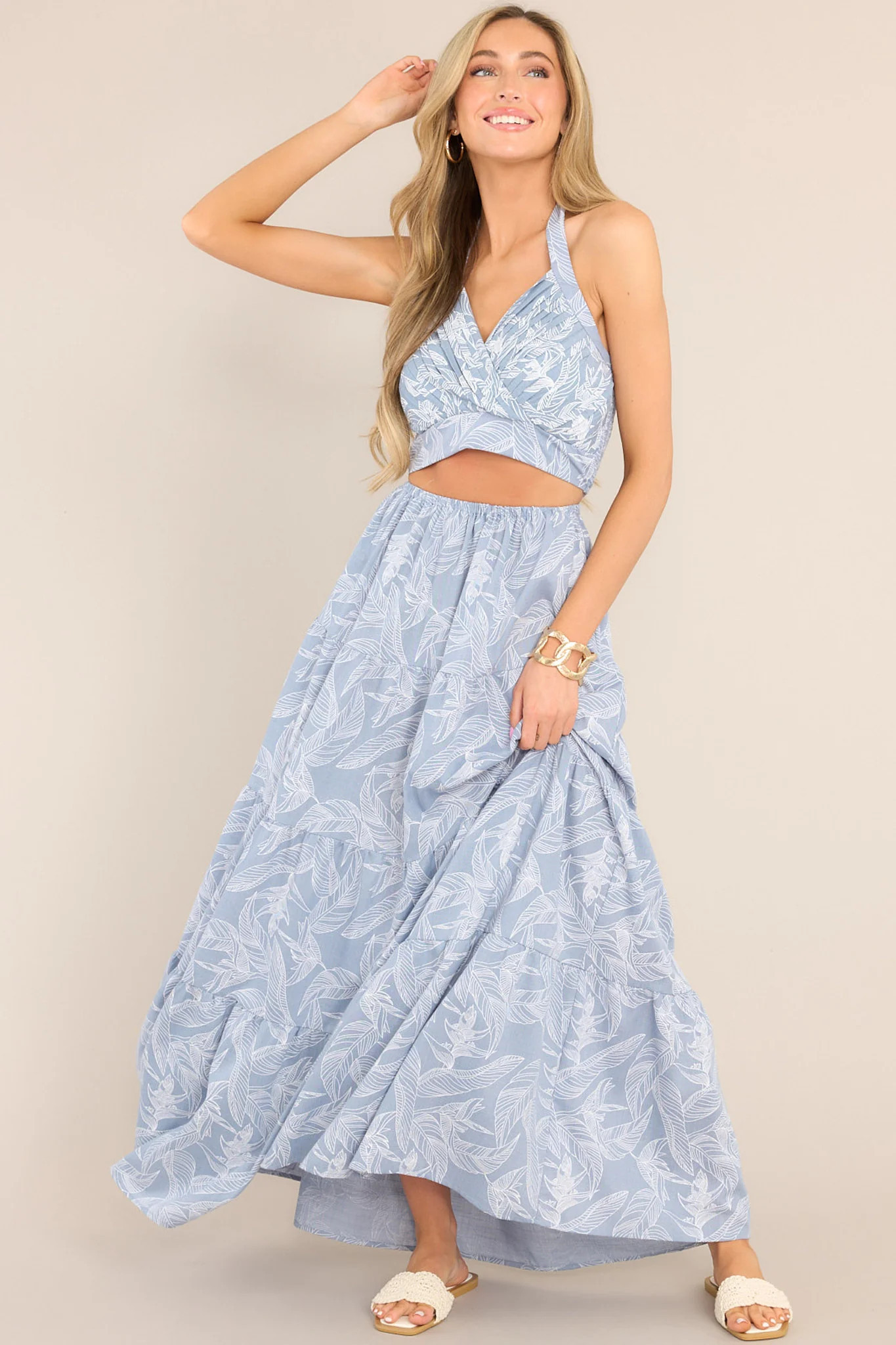 Staycation Ash Blue Tropical Print Maxi Skirt | Red Dress