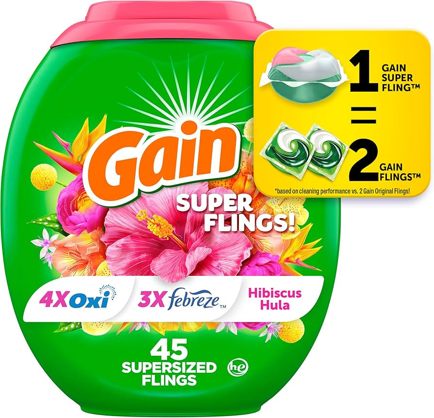 Gain Super Sized Flings Laundry Detergent Pacs, 45 Count, Hibiscus Hula Scent | Amazon (US)