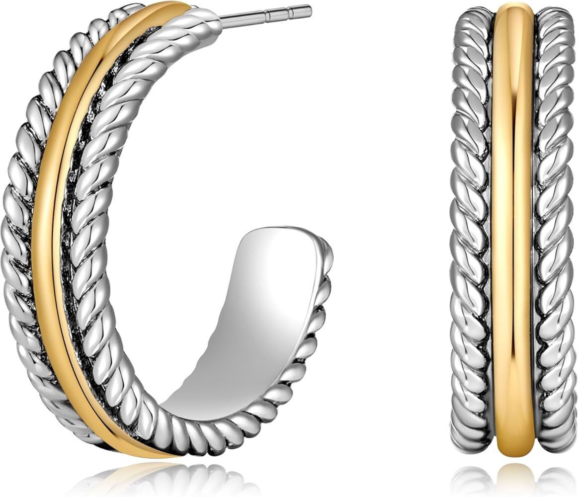 SHANTYSON Two Tone Hoop Earrings for Women Silver and Gold Plated Twisted Cable Open C Hoops Chic... | Amazon (US)