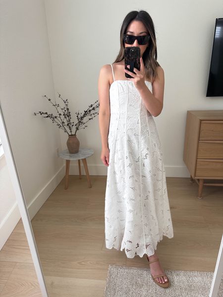 ASTR the Label lace dress. Petite-friendly. With a bigger bust, size up. It’s tight around the bust for me. Adjustable straps and lined. 

Astr the label dress xs
Marc fisher heels 5.5 
Celine sunglasses 

White dress, dresses, spring outfit, sandals 

#LTKshoecrush #LTKitbag #LTKSeasonal