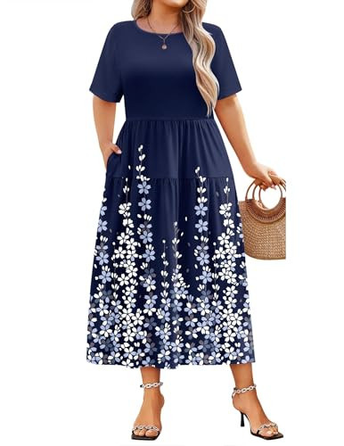 IN'VOLAND Women Plus Size Casual Summer Short Sleeve T Shirts Maxi Dress Crew Neck Flowy Tiered Boho Beach Dresses Navy Flower | Amazon (US)