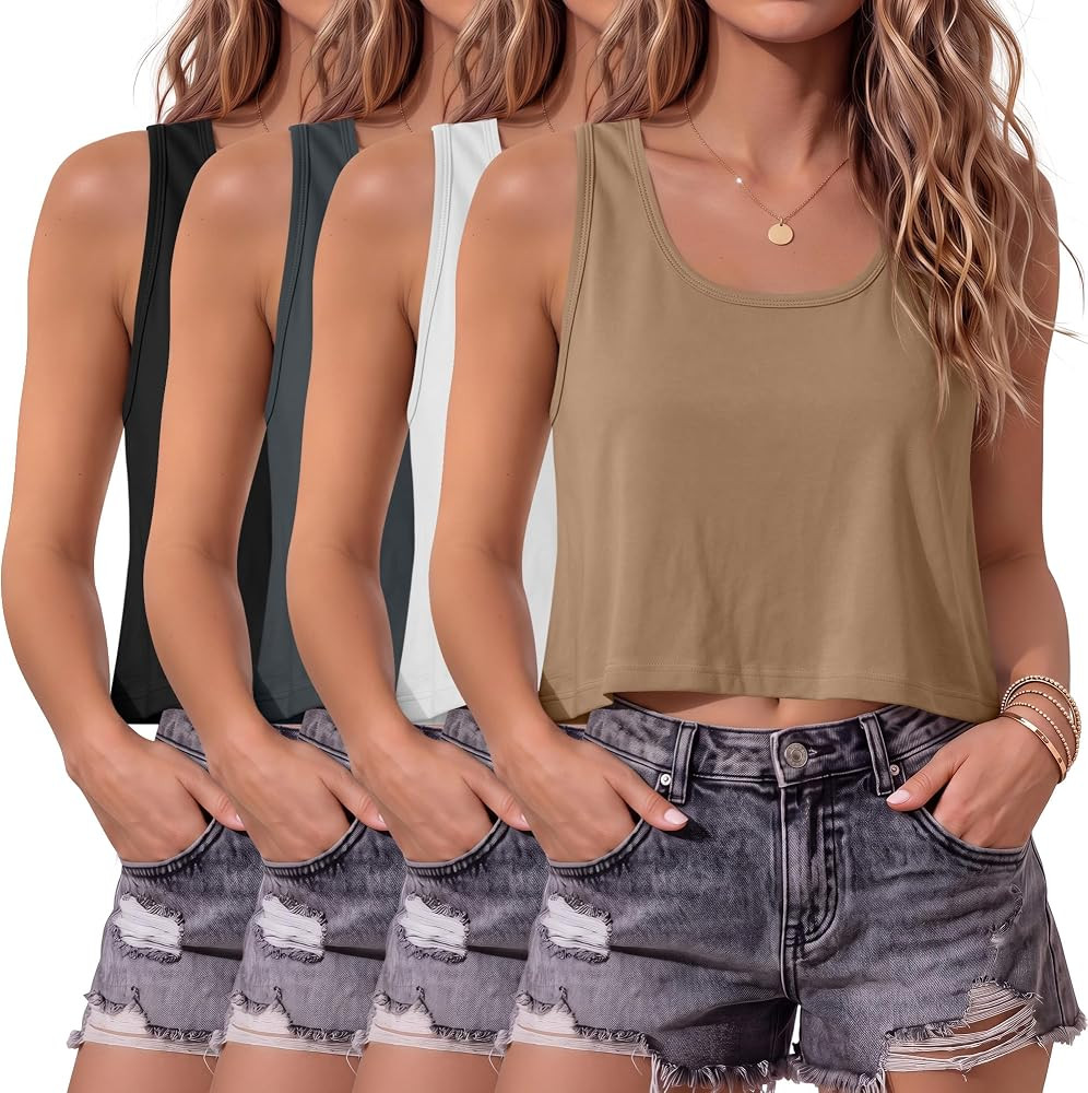 4 Pack Women's Crop Tanks Casual Sleeveless Shirts Loose Fit Scoop Neck T-Shirts Summer Tees Soli... | Amazon (US)