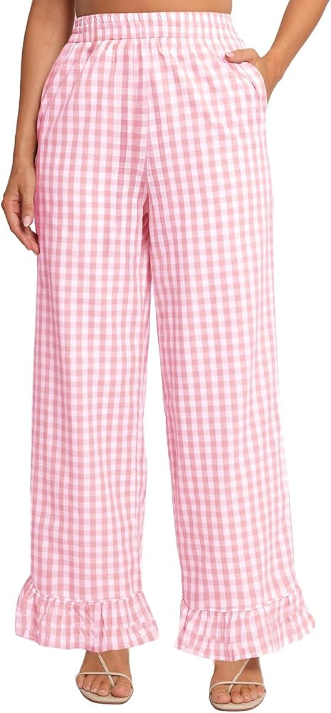 Flygo Women's Gingham Pants Y2K Cotton Wide Leg Ruffle Hem Lounge Pants Plaid Elastic Wasited Tro... | Amazon (US)