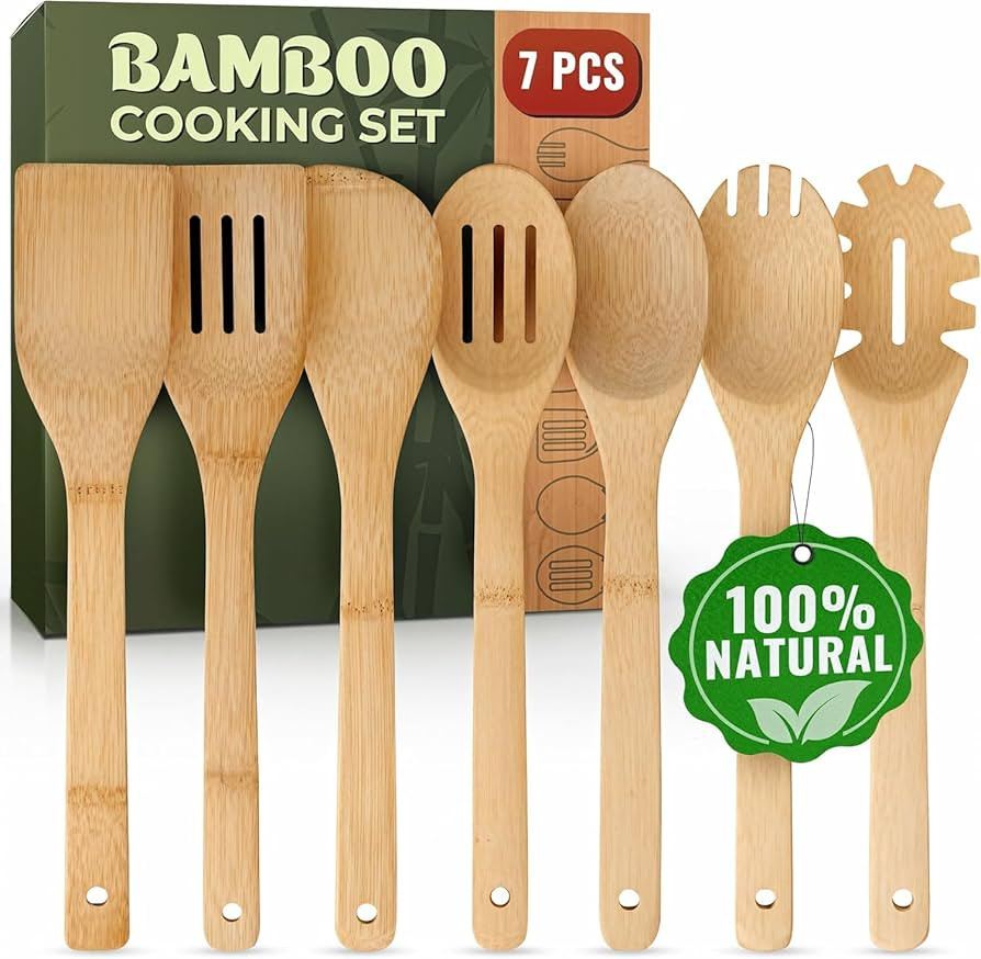 Wooden Utensil Set, Bamboo Utensils – 7 PCs Wood Spoons for Cooking, Easy to Clean, Sturdy, Lig... | Amazon (US)