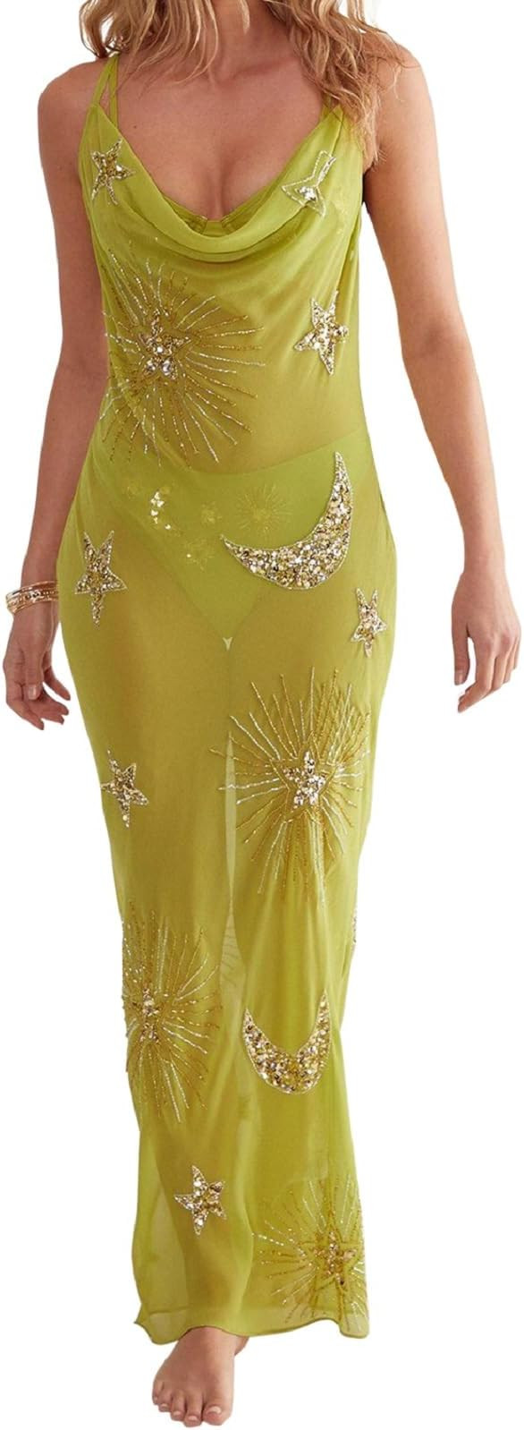 Muineobuka Women Sequin Sheer Mesh Cover Up Dresses See Through Rhinestone Glitter Beach Dresses ... | Amazon (US)