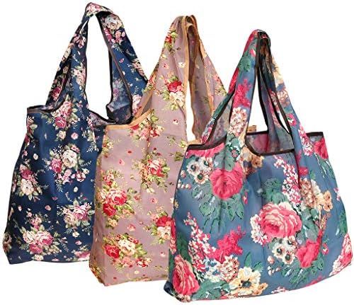 Wrapables Eco-Friendly Large Nylon Reusable Shopping Bags (Set of 3), Flower Bouquet | Amazon (US)