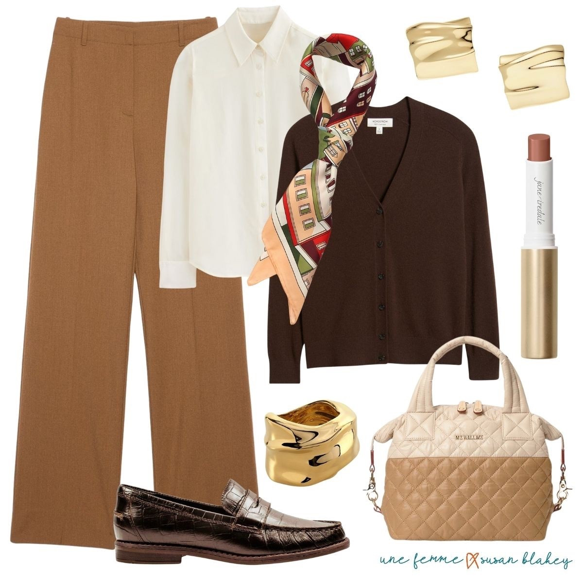 Warm palette layers for the road ✈️ I paired camel trousers with a crisp collared blouse, then added a chocolate brown cardigan for cozy polish. A colorful scarf pulls everything together and adds a touch of personality, while classic brown loafers keep it comfortable and chic for walking. Effortless, timeless, and versatile—the kind of outfit that makes travel days feel easy and pulled together. 🤎✨

#LTKOver40 #LTKPetite #LTKSeasonal