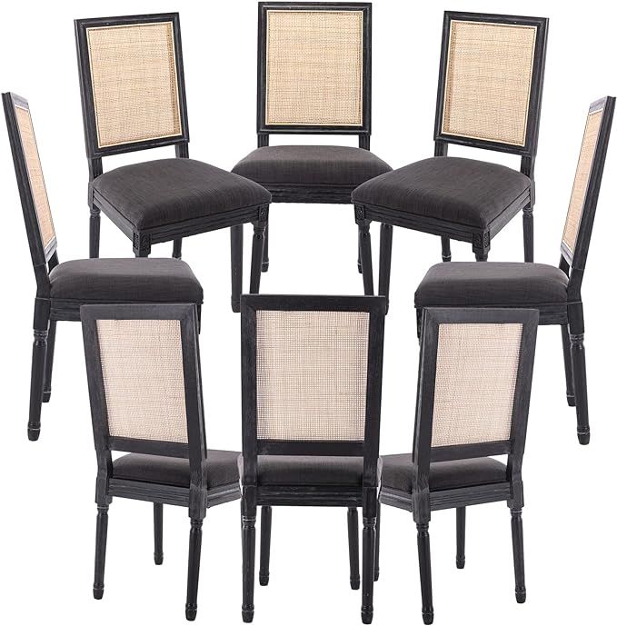 Guyou Black Farmhouse Upholstered Dining Chairs Set of 8 with Rectangular Rattan Back French Coun... | Amazon (US)