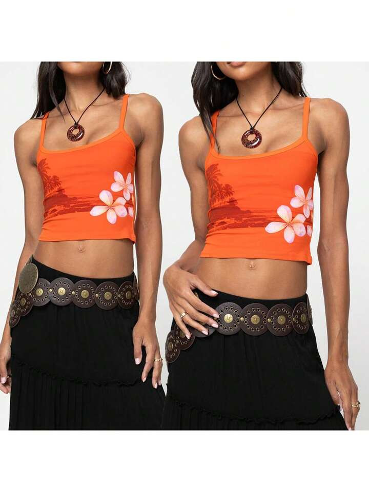 Women's Floral Tree Print Camisole Summer Sleeveless Backless Low Cut Slim Fit Crop Tops | SHEIN
