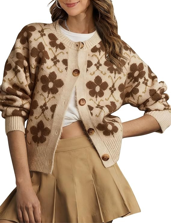 Women Floral Cardigan Sweater Open Front Long Sleeve Button Down Knit Sweater Vintage Outerwear | Amazon (US)