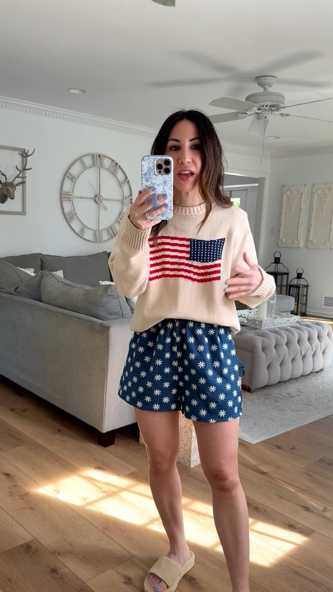 small flag sweater. Small shorts. Sandals TTS. MDW outfit. 4th of July outfit