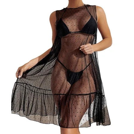 Womens Swimsuits Women 1Piece Polka Dot Mesh Beach Sleeveless Cover Up Dress Cover Up Mini Dress Bea | Walmart (US)