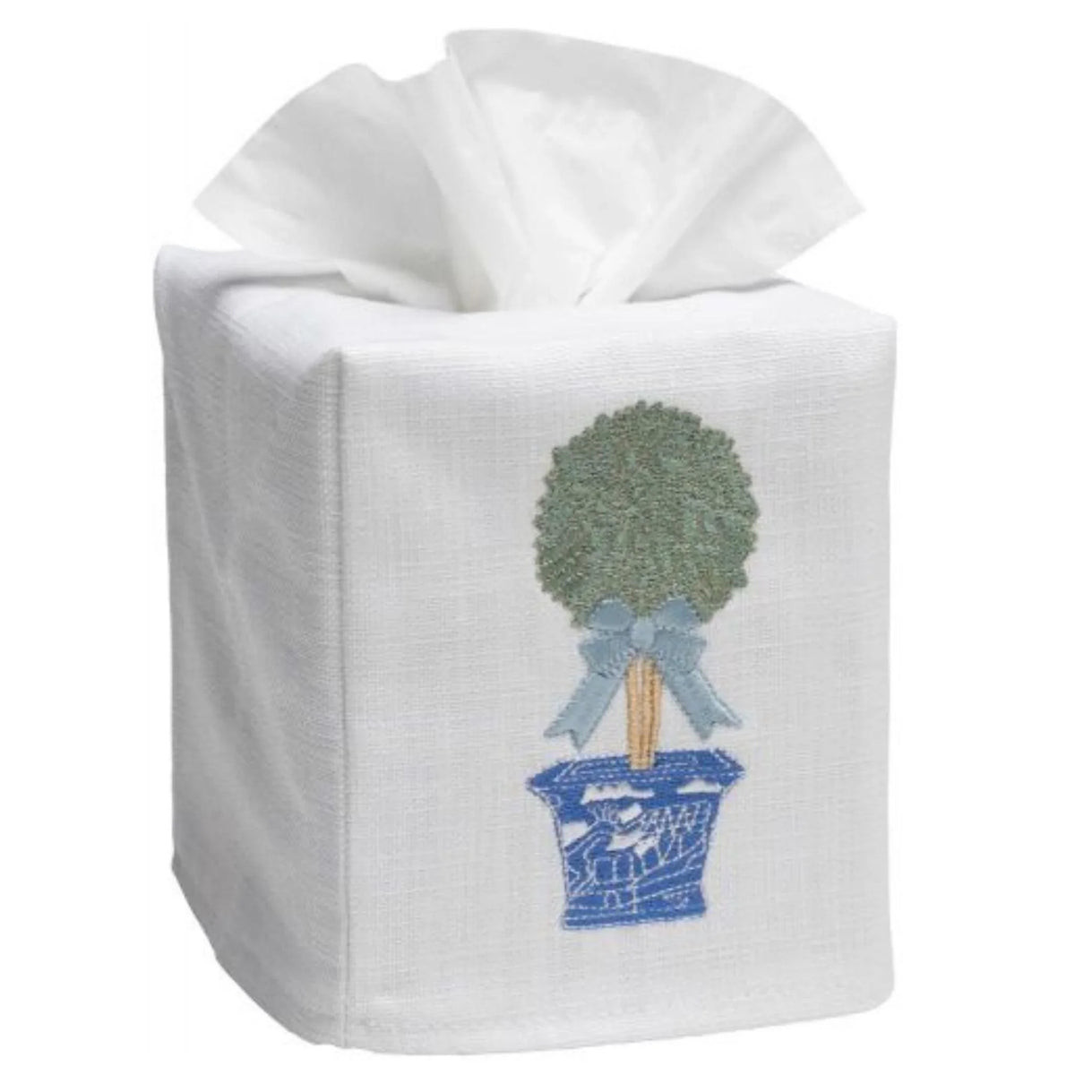 White Linen and Cotton Tissue Box Cover with Embroidered Boxwood Topiary | The Well Appointed House, LLC