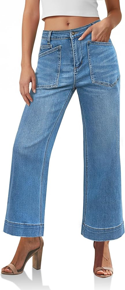Cicy Bell Womens Cropped High Waisted Jeans Baggy Stretchy Straight Leg Frayed Trendy Capri Denim... | Amazon (US)