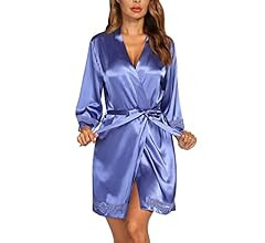 Ekouaer Women's Lace-Trim Silk Robes Bride Bridesmaid Kimono Satin Bathrobe V Neck Sleepwear with... | Amazon (US)