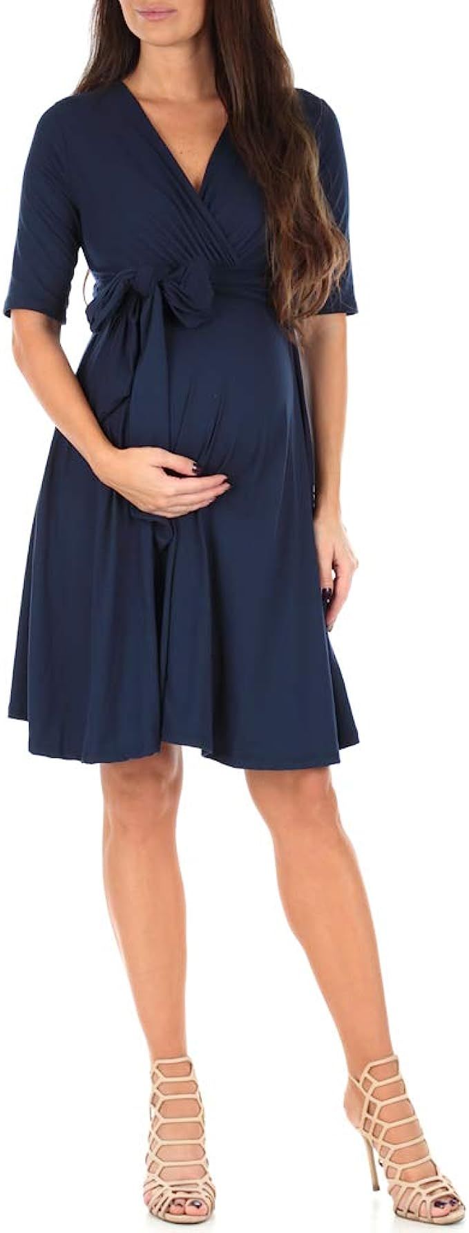Mother Bee Maternity Knee Length Wrap Dress with Adjustable Belt | Amazon (US)