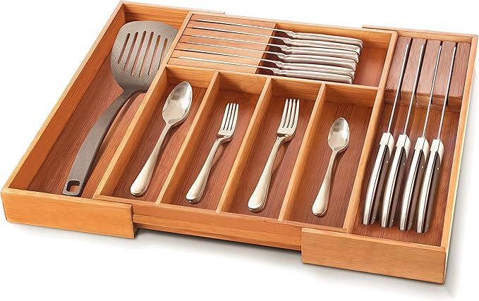 Bamboo Silverware Kitchen Drawer Organizer - Expandable Cutlery Tray with 2 Removable Knife Block... | Amazon (US)
