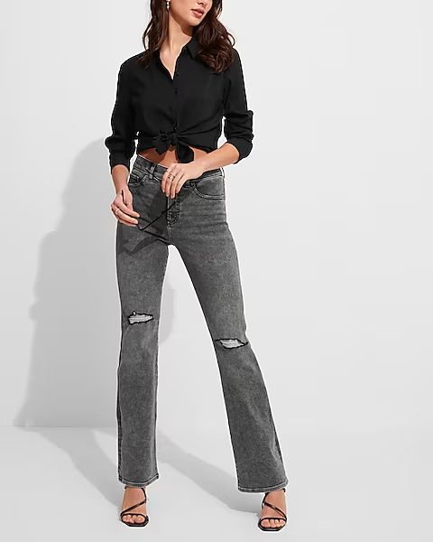 High Waisted Black Wash Ripped Bootcut Jeans | Express