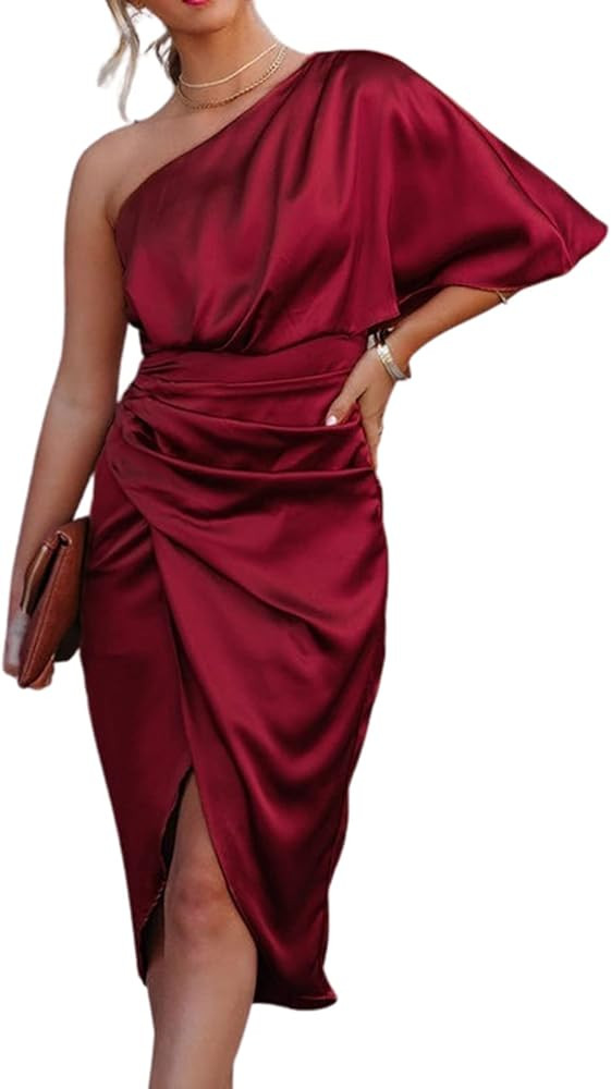 CUPSHE Women Satin Dress Backless One Shoulder Flared Short Sleeves Midi High Low Hem Cocktail Pa... | Amazon (US)