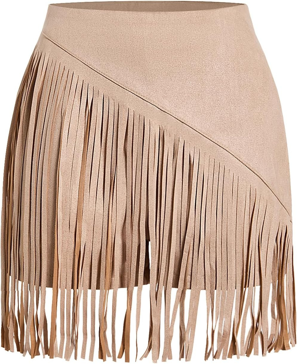 SweatyRocks Women's Cowgirl Fringe Skirts Faux Suede Western Mini Skirt Country Concert Outfits | Amazon (US)