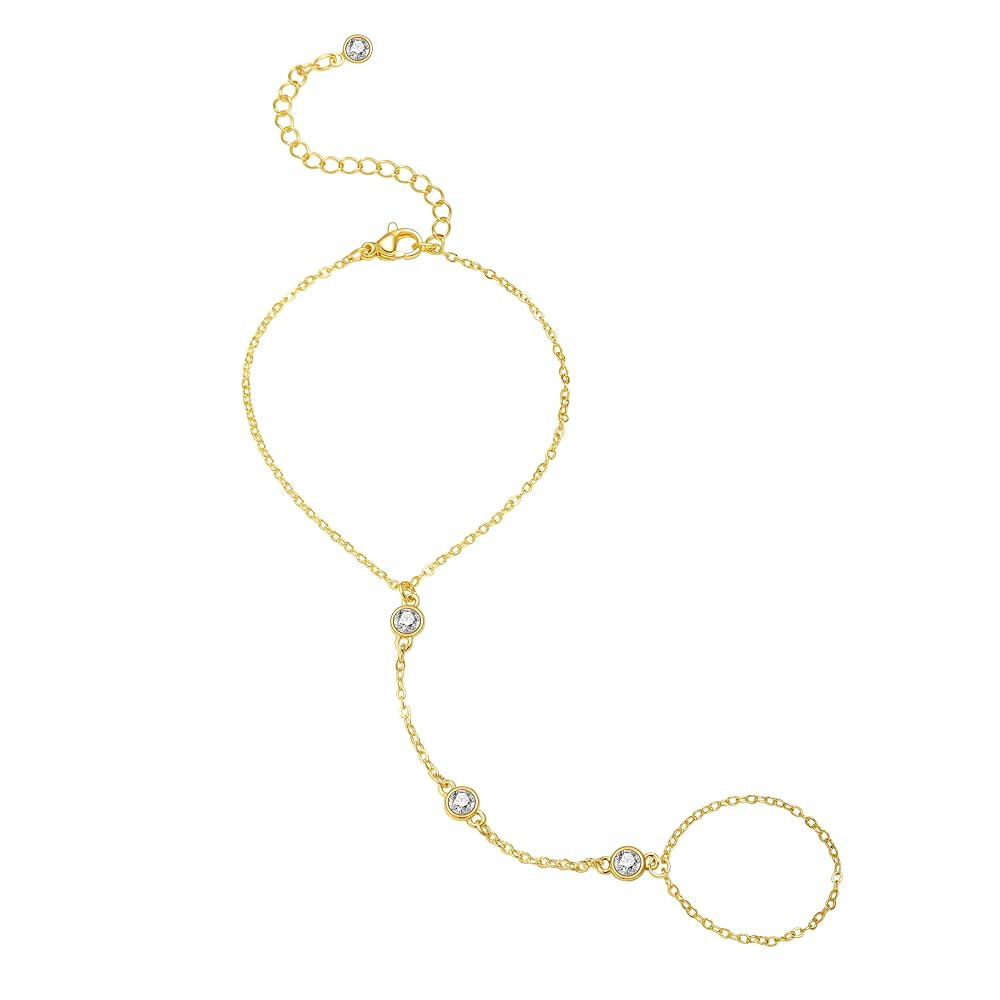 Hand Chain for Women Dainty Gold Finger Ring Bracelet 14K Gold Plated Diamond Hand Chain Bracelet... | Amazon (US)