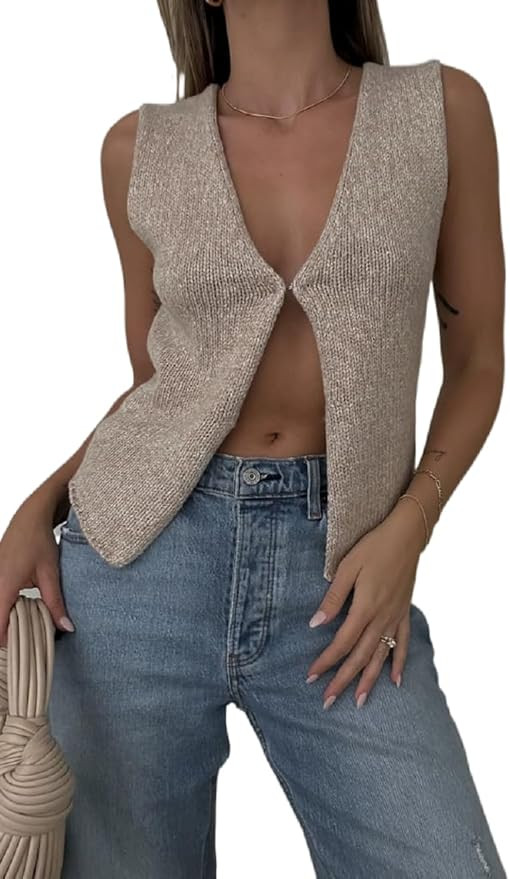 Women Y2k Button Down Crochet Knit Vest Sleeveless Hollow Out Crop Tops Vintage Casual V-Neck Ver... | Amazon (US)
