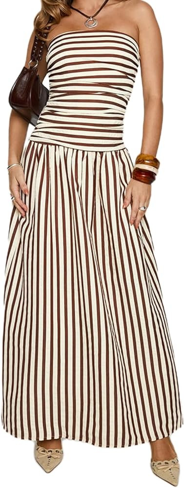 Muineobuka Women Gingham Maxi Dress Summer Strapless Drop Waist Tube Top Off Shoulder Backless We... | Amazon (US)