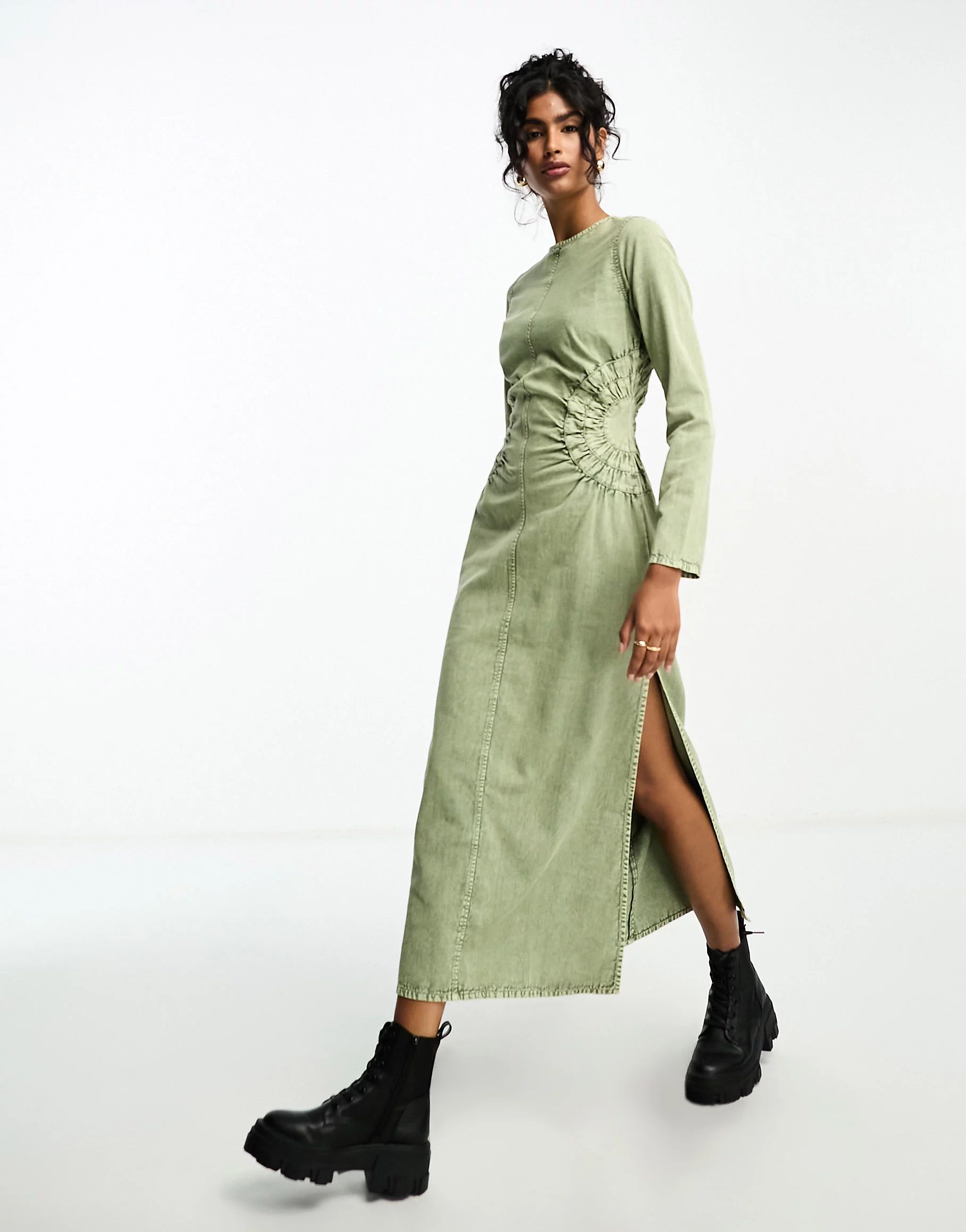 ASOS DESIGN washed twill midi dress with circle side detail in acid wash green | ASOS | ASOS (Global)