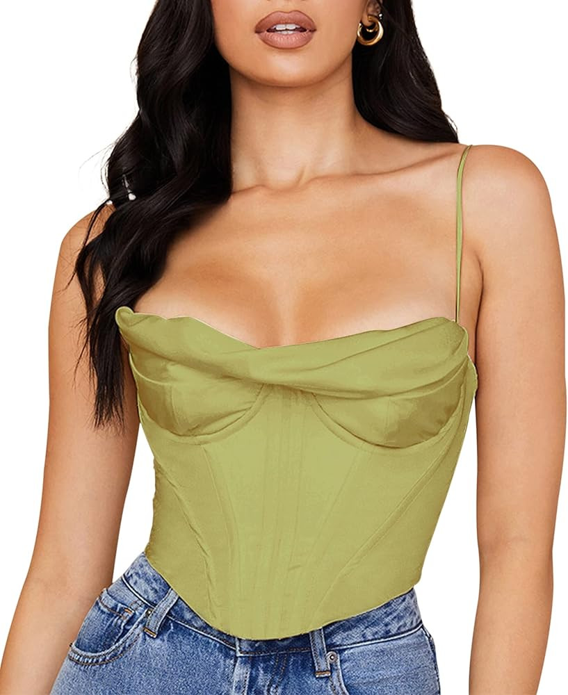 MISSACTIVER Women's Satin Cowl Neck Bustier Crop Cami Sexy Fish Boned Adjustable Spaghetti Straps... | Amazon (US)