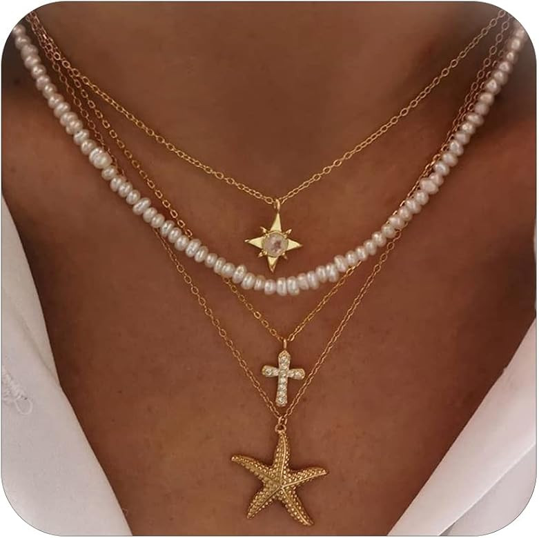 HUASAI Seashell Necklace Beach Jewelry for Women Starfish Shell Necklace Layered Boho Dainty Gold... | Amazon (US)