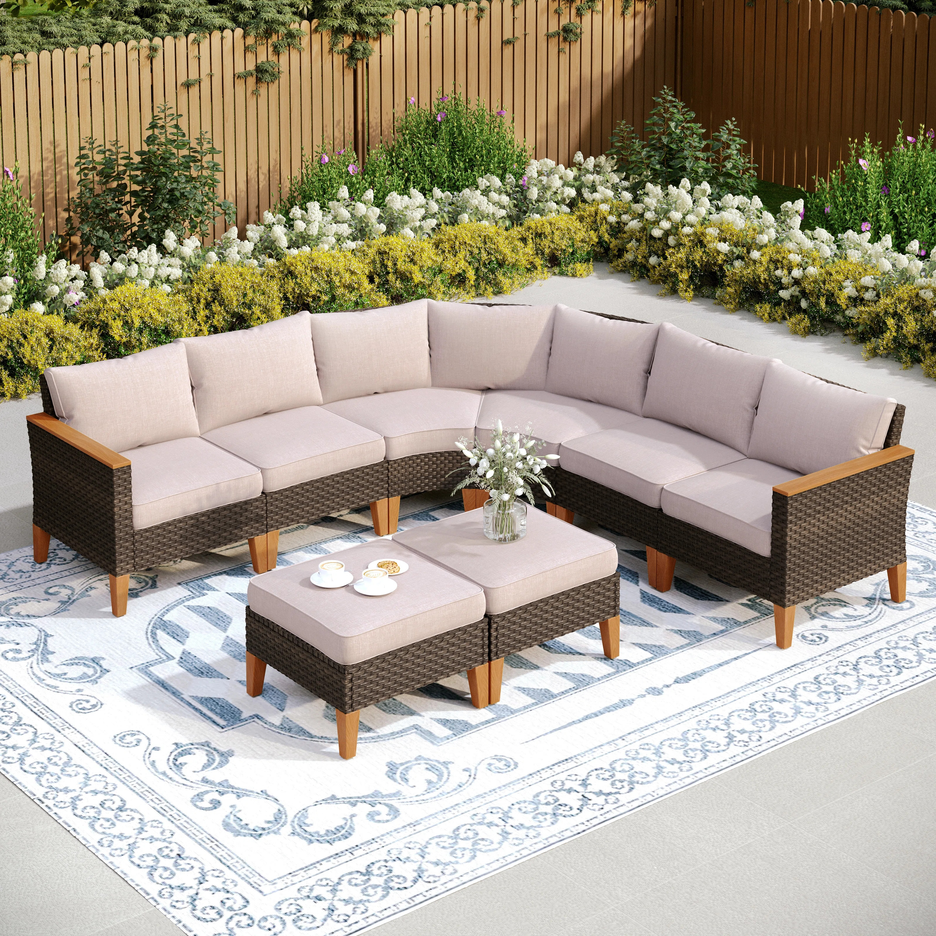 Argyri Wicker Outdoor Patio Conversation Furniture Sectional Set with Fire Pit Table | Wayfair North America