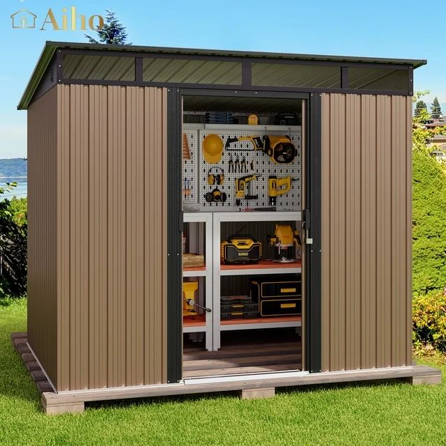 Aiho 8 x 6 FT Outdoor Storage Shed with Sliding Double Doors for Garden, Patio - Brown | Walmart (US)