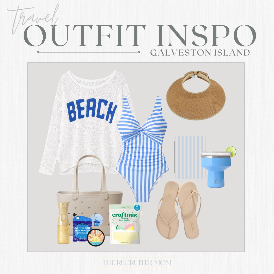 Beach day mode: ON 🌊 A comfy "BEACH" coverup, a striped one-piece, and all the little extras that make a Galveston pool or sand day so good. Don't forget the sand remover, friends — trust me 😂

#LTKSeasonal #LTKOver40 #LTKTravel