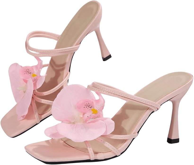MakeMeChic Women's 3D Flower Square Open Toe Sandals Slip On Slides Summer Pyramid Heels | Amazon (US)